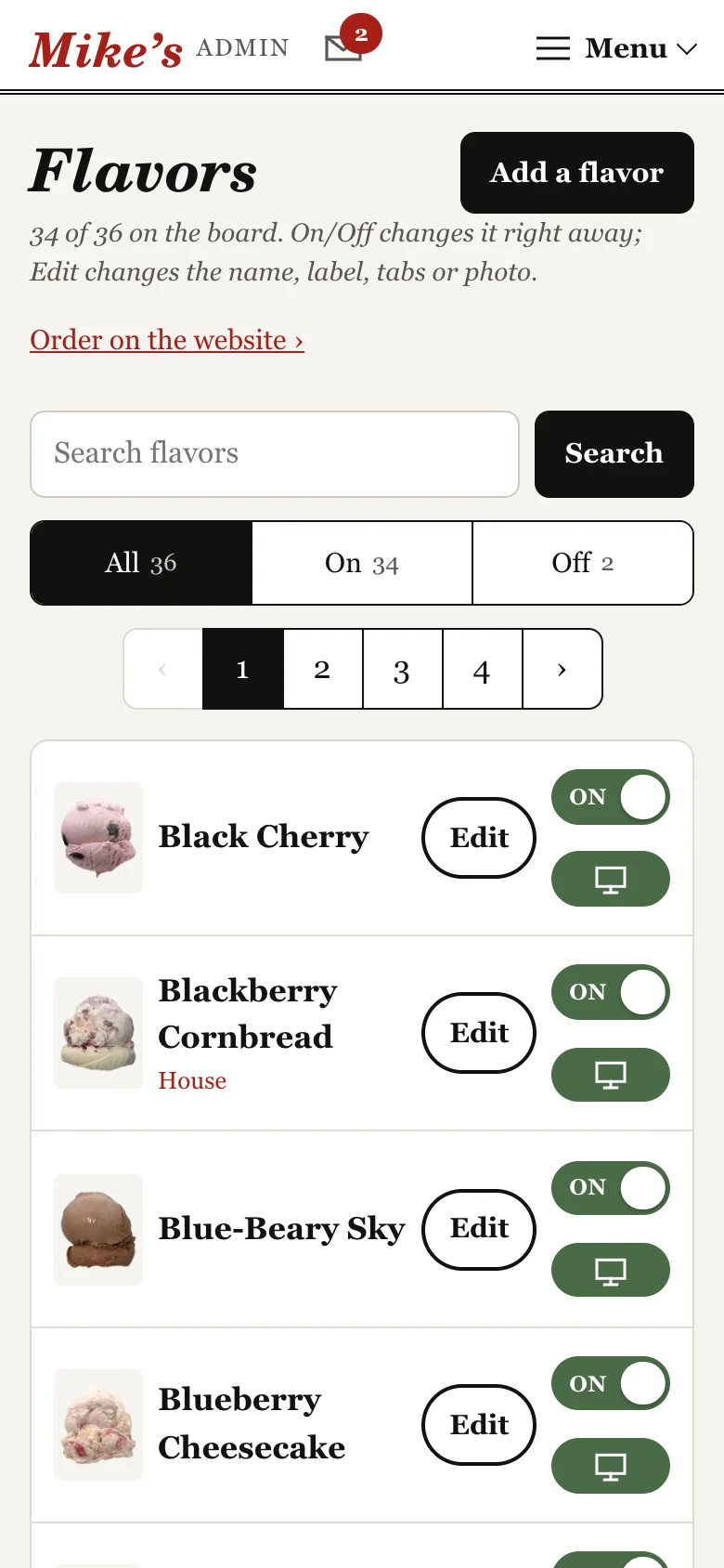 the admin's flavors list, each flavor with an on and off switch and a tv button