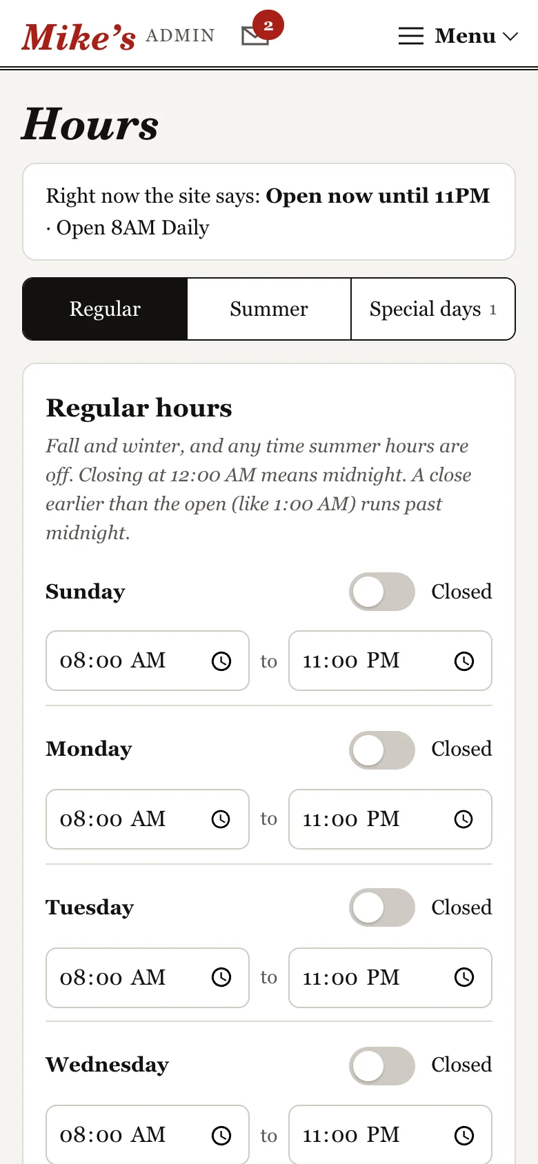 the hours screen with a switch and times for each day