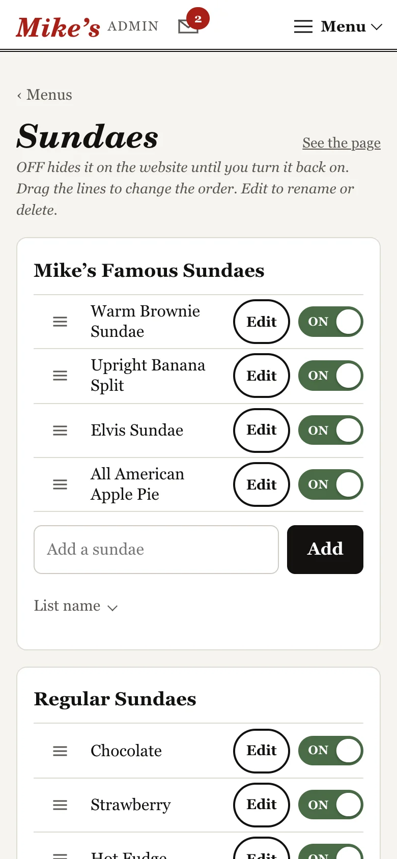 the sundaes menu in the admin, each item with edit and on and off